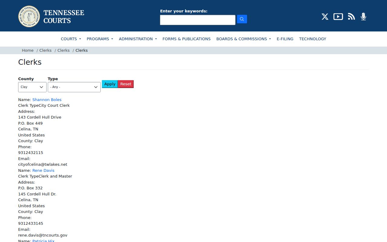 Clay County Tennessee court clerk contacts for release order records